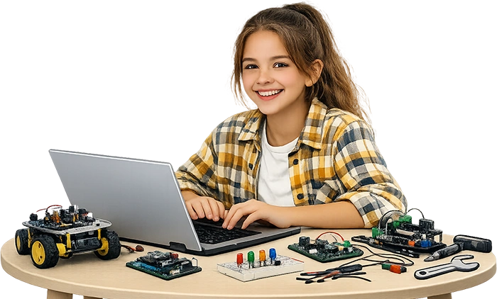 Young girl learning robotics with laptop and electronic components